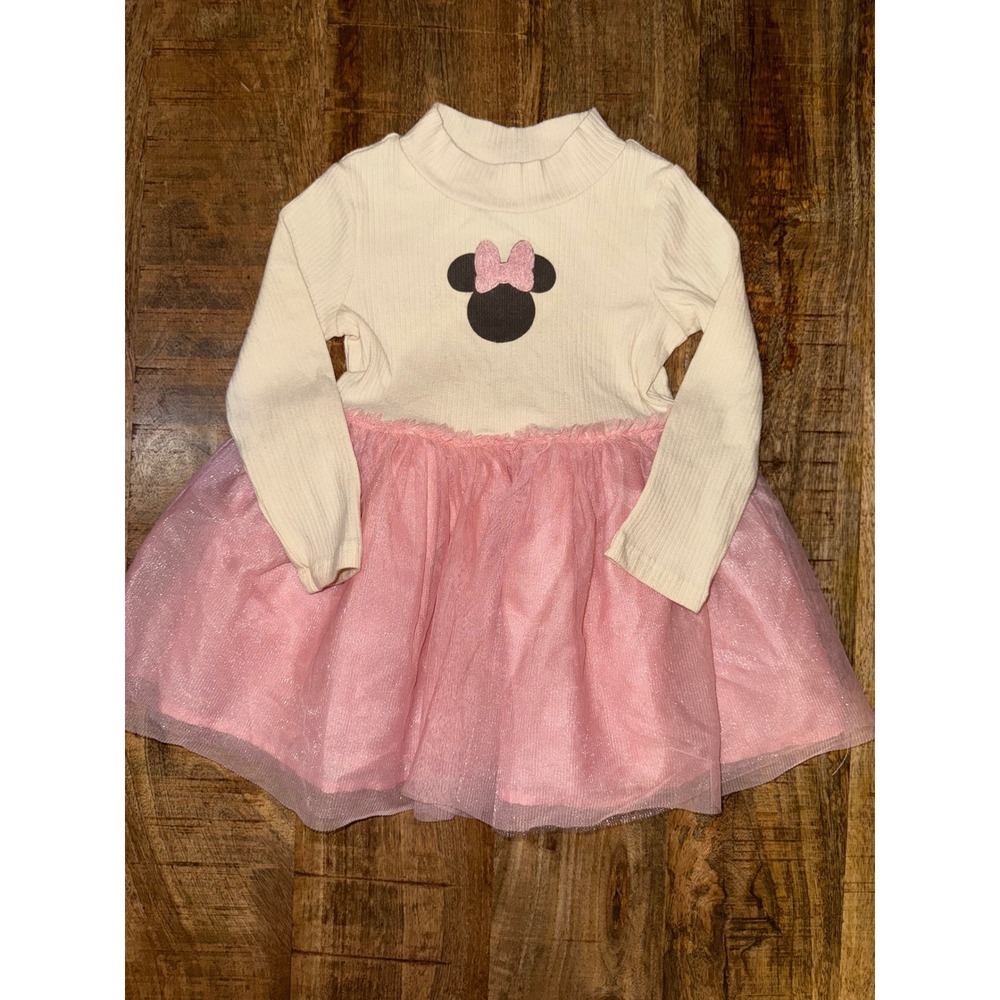 Disney Minnie Mouse Girls 2T Cream Pink Ribbed Tutu Dress Long Sleeve Mock Neck